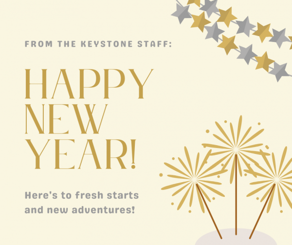 Graphic of gold and silver star garlands and sparklers, reading: From the Keystone Staff: Happy New Year! Here's to fresh starts and new adventures!