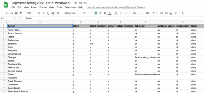 Screenshot of part of the Regression Testing spreadsheet.