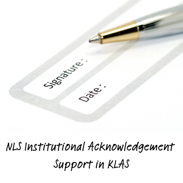 NLS Institutional Acknowledgement. Image of a pen lying over a form with signature and date fields.