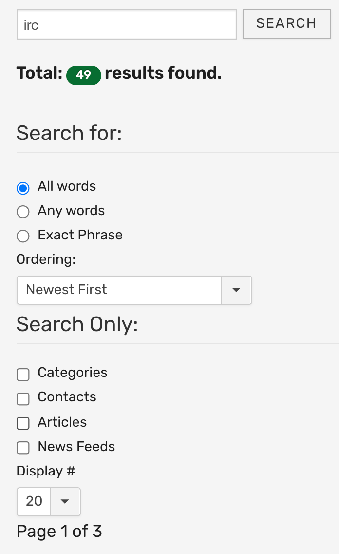 Screenshot of a search for "IRC" with 49 results and various search options available as described.