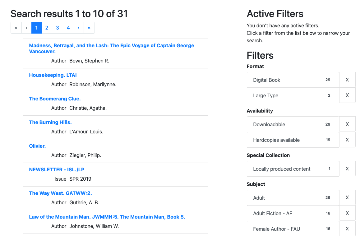 The Reading History search results. The updated search results page has a more modern look, with the results on the left and the Filters on the right. The results each have the title, which is a link that can expand to show more information, and the author. The filters are divided into categories such as format and availability, and each shows the number of hits and an X to exclude to the filter, but spaced out more than in the current version of the opac and aligned almost like a table.