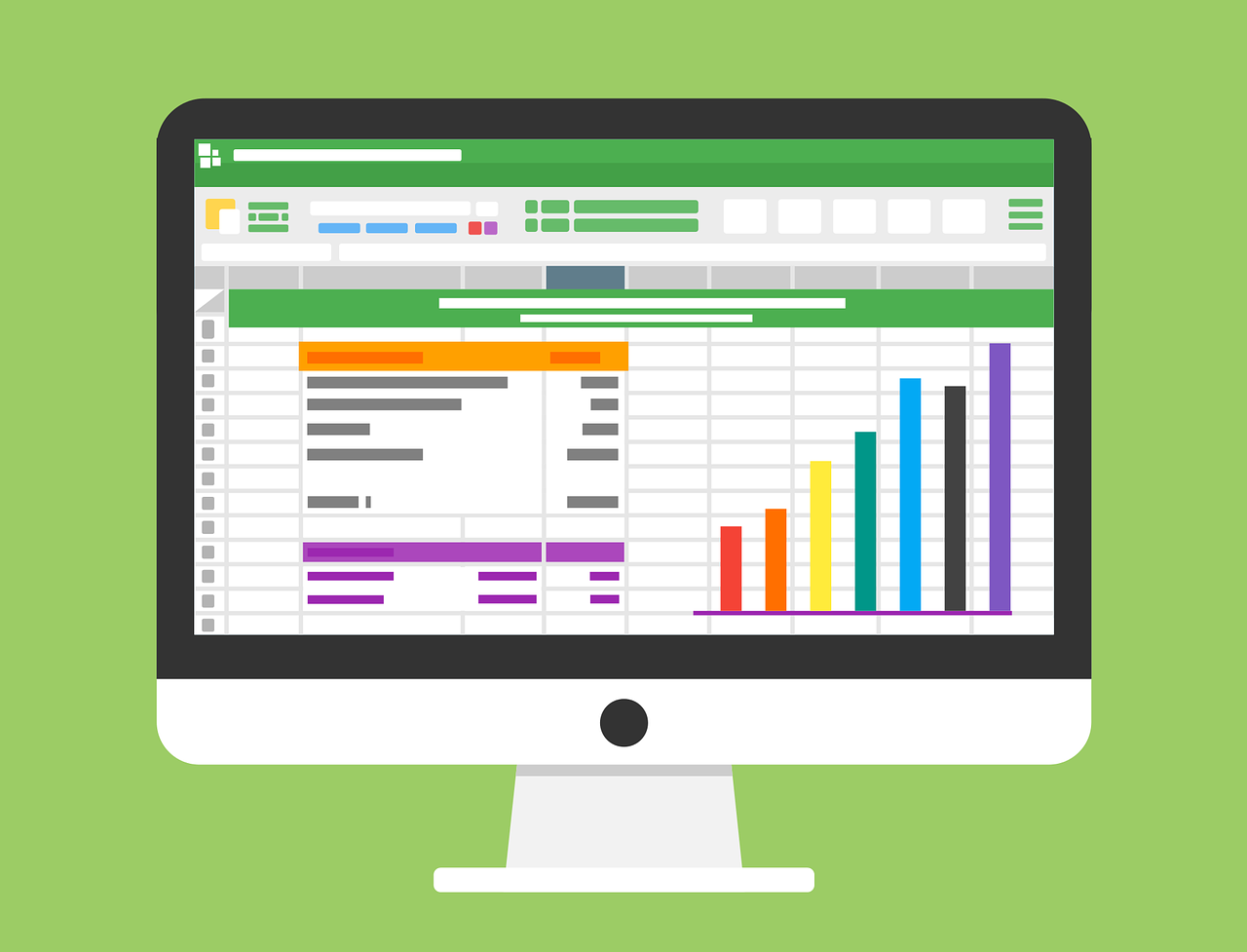 Illustration of a computer monitor filled with charts and tables.